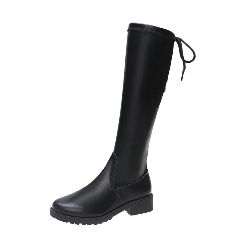 Flat Bottom Stretch Boots Women Chunky Heel Slingback High Slim Leather Boots Knight Boots