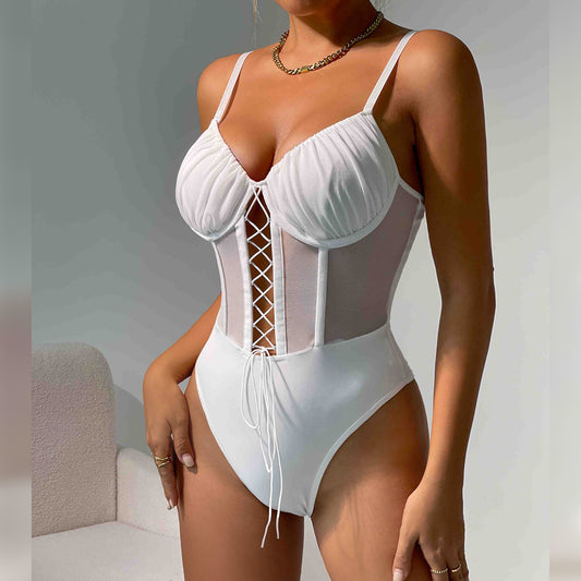 Sexy Sexy Cutout Cross Lace Pleated Slim Strap Steel Ring Boning Corset Solid Color Jumpsuit