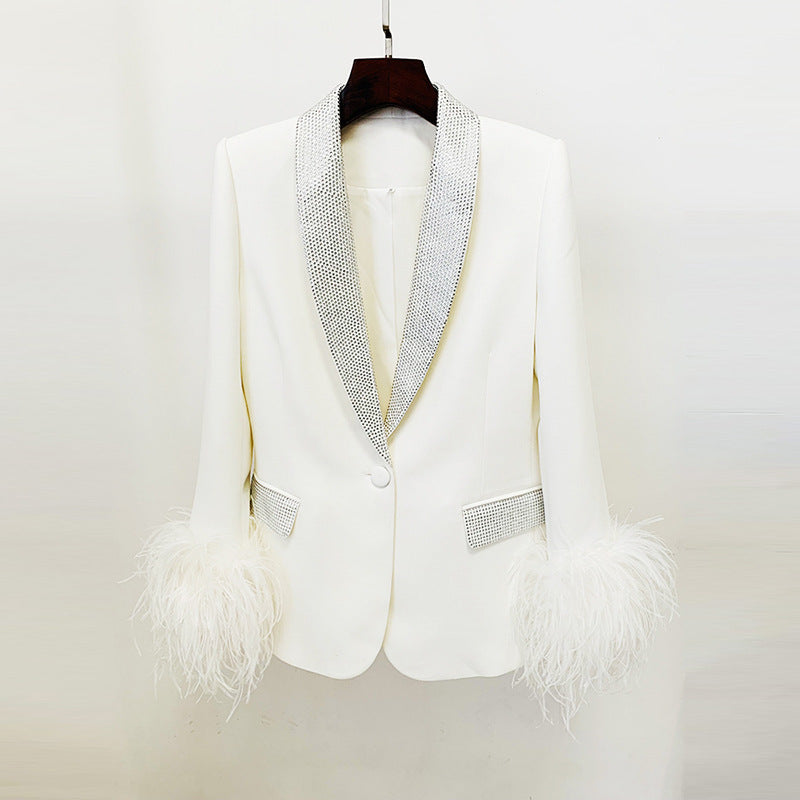 Luxury Ostrich Feather True Feathers Rhinestone Green Fruit Collar Blazer Sets