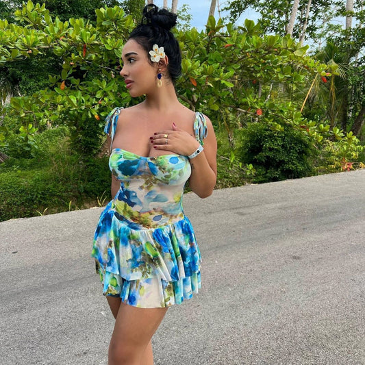 Printed Sexy Corset Spaghetti Strap Ruf''fle Short Holiday Dress Women Dress