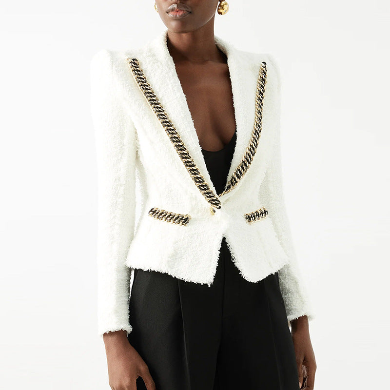 Autumn Winter Star Heavy Industry Chain Beaded Tassel Edge Tweed Jacket Outside