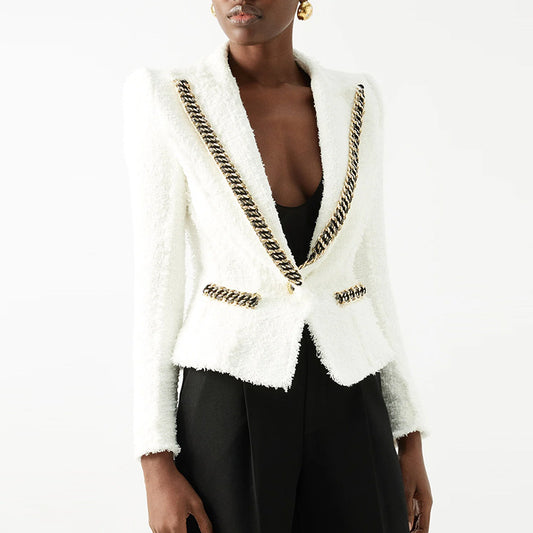 Autumn Winter Star Heavy Industry Chain Beaded Tassel Edge Tweed Jacket Outside