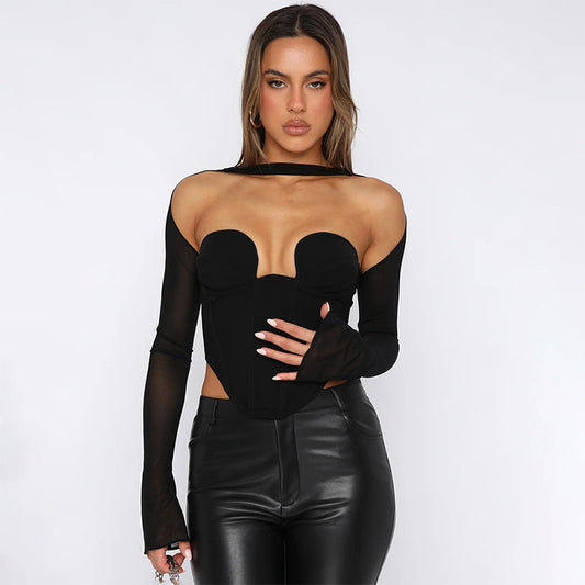 Women Clothing Autumn Winter Backless Corset Long Sleeve Stitching Sexy Top