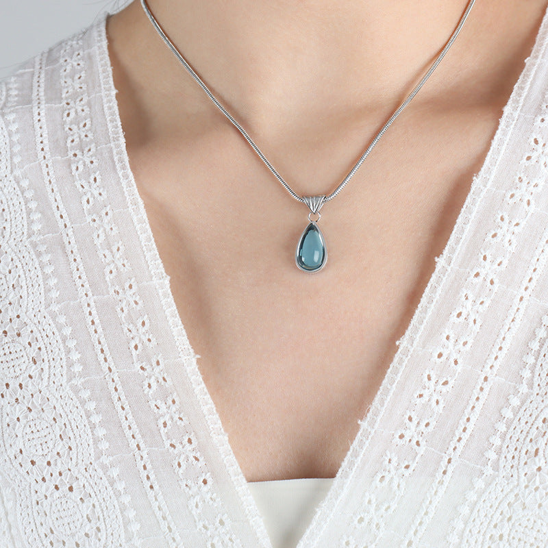 Olive Green Blue Water Drop Embellished Necklace Women Non Fading Special Interest Design Non Fading Lover Jewelry
