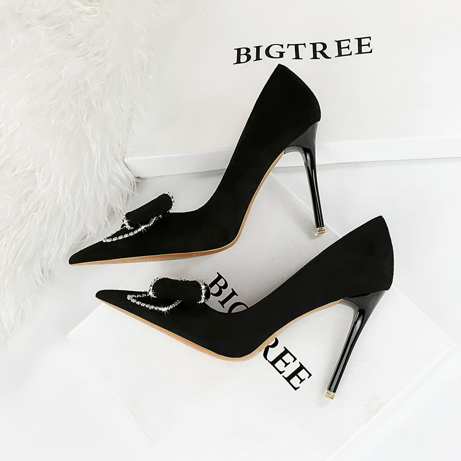 Sexy Nightclub Super High Heel Women Shoes Stiletto Suede Shallow Mouth Pointed Toe Rhinestone Bow Pumps