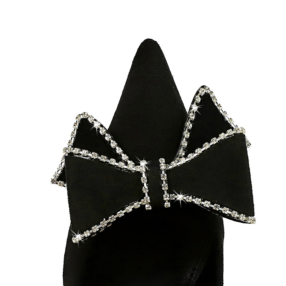 Sexy Nightclub Super High Heel Women Shoes Stiletto Suede Shallow Mouth Pointed Toe Rhinestone Bow Pumps