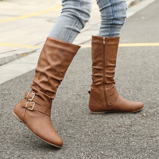 Pleated Flat Women Boots Double Belt Buckle Brown Faux Leather Women Side Zipper Boots