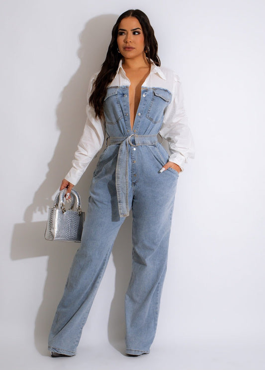 Plus Size Casual Denim Stitching Women Jumpsuit Containing Belt