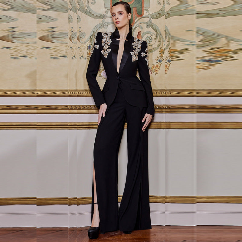 Star Exquisite Rhinestone Beaded Stand Collar Blazer Split Trousers Suit