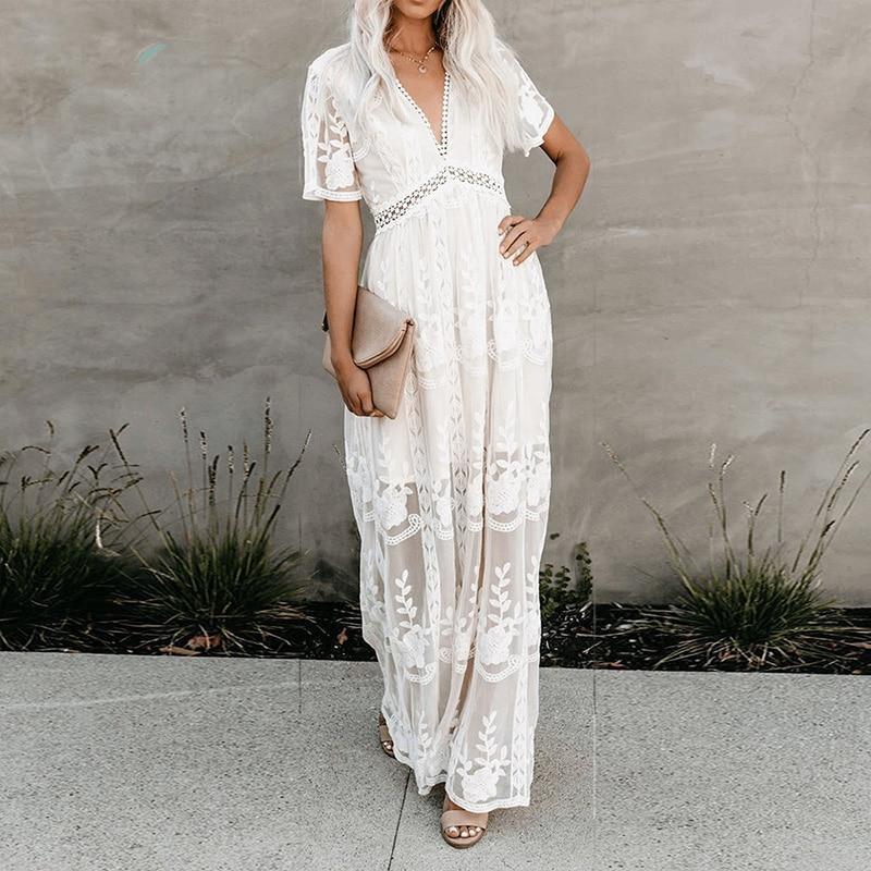 Spring Summer Women Clothing Lace Long Sleeve V neck Solid Color Chiffon Summer Dress