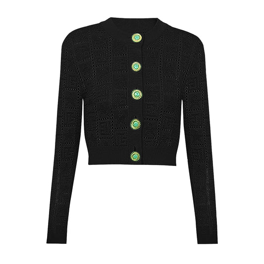 Spring Autumn Quality Gem Buckle Sweater Long Sleeve Round Neck Cardigan Top Woolen Coat