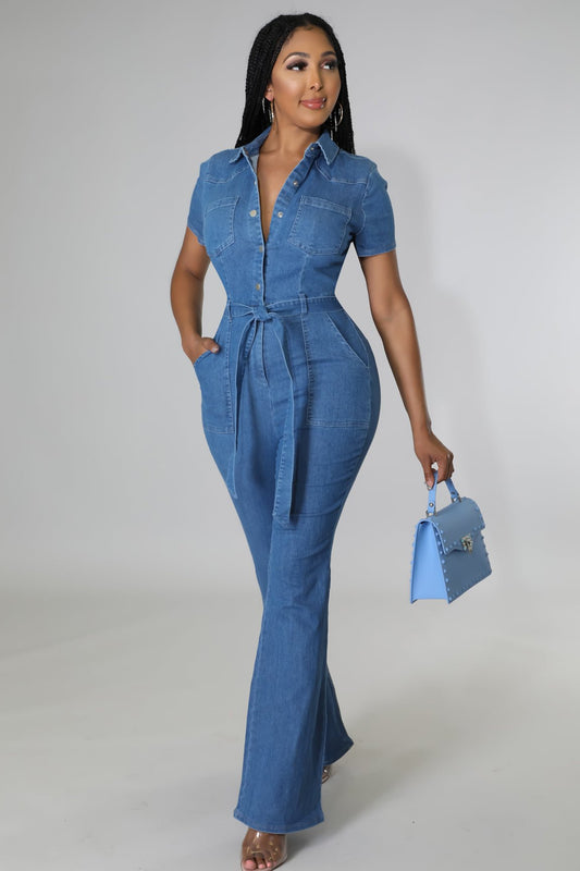 Denim Jumpsuit Women Slim Waist Bell Bottom Pants Washed Office Stretch Jumpsuit