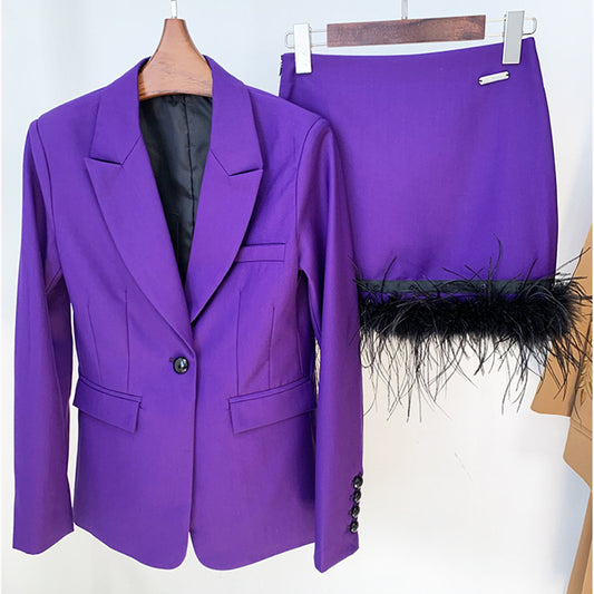 Goods Star One Button Slim True Feathers Mid Length Skirt Set Two Piece Set
