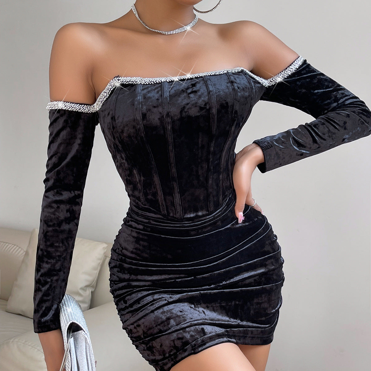 Women Clothing Dress High Grade Sequined Satin Long Sleeve Boning Corset Slim Fit Sheath Dress