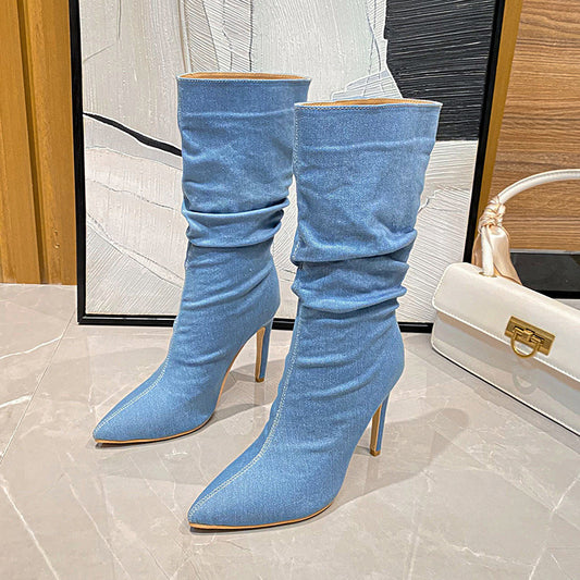 Boots for Women Stiletto Heel Pointed Toe Long Boots High Heel Mid Calf Boots