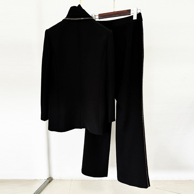 Scarf Drilling Loose Blazer Trousers Suit Two Pieces Set