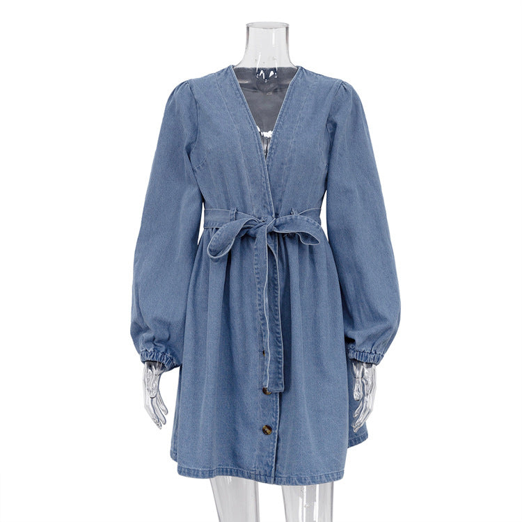Women'Autumn Winter V neck Long Sleeved Denim Dress High Waist A line Dress
