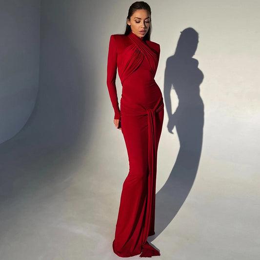 Arrival Tie Halter Corset Cinched Waist Slim Fit Long Sleeve Padded Shoulder Long Elegant Dress l