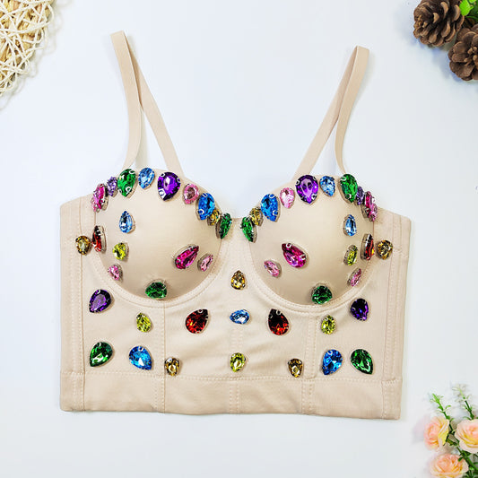 Live Beaded Boning Corset Sling Outer Wear Corset Short Tight Sexy Gem Colored Diamond Tube Top...
