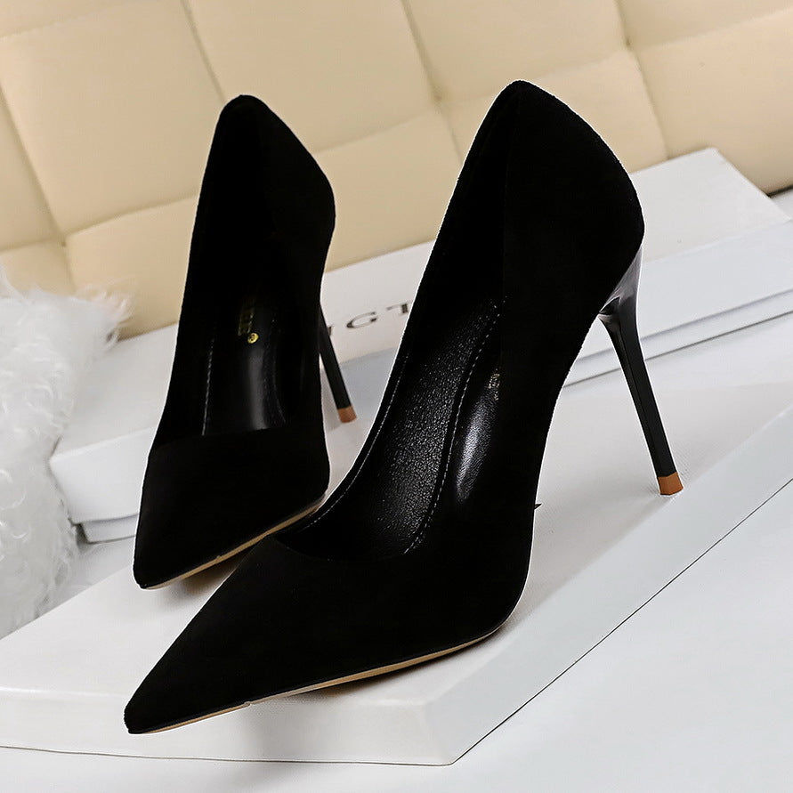 Fashionable Simple Stiletto Heel Suede Shallow Mouth Pointed High Heels Women Shoes Sexy Slimming Pumps