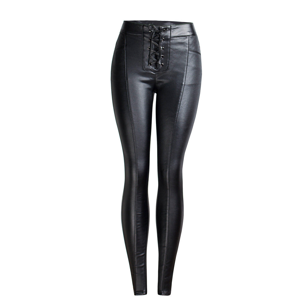 Lace-up Pu Pants Women Fleece-Lined Shiny Pants Women Autumn Winter  Pencil Pants Black Skinny Pants
