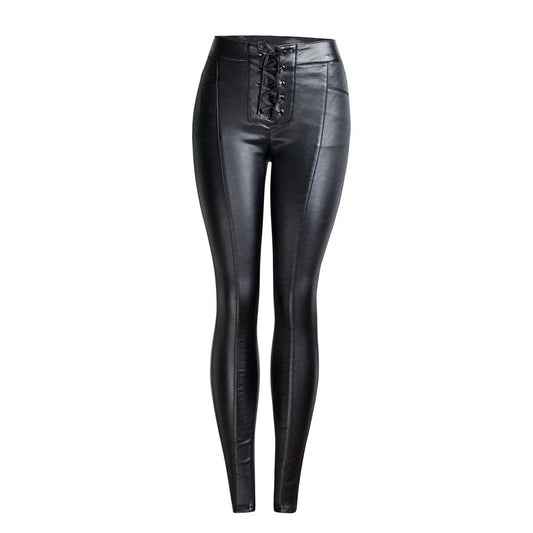 Lace-up Pu Pants Women Fleece-Lined Shiny Pants Women Autumn Winter  Pencil Pants Black Skinny Pants