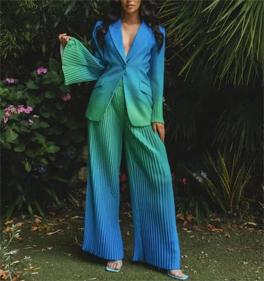 Autumn Women Gradient Crepe Blazer Bell Bottom Pants Suit