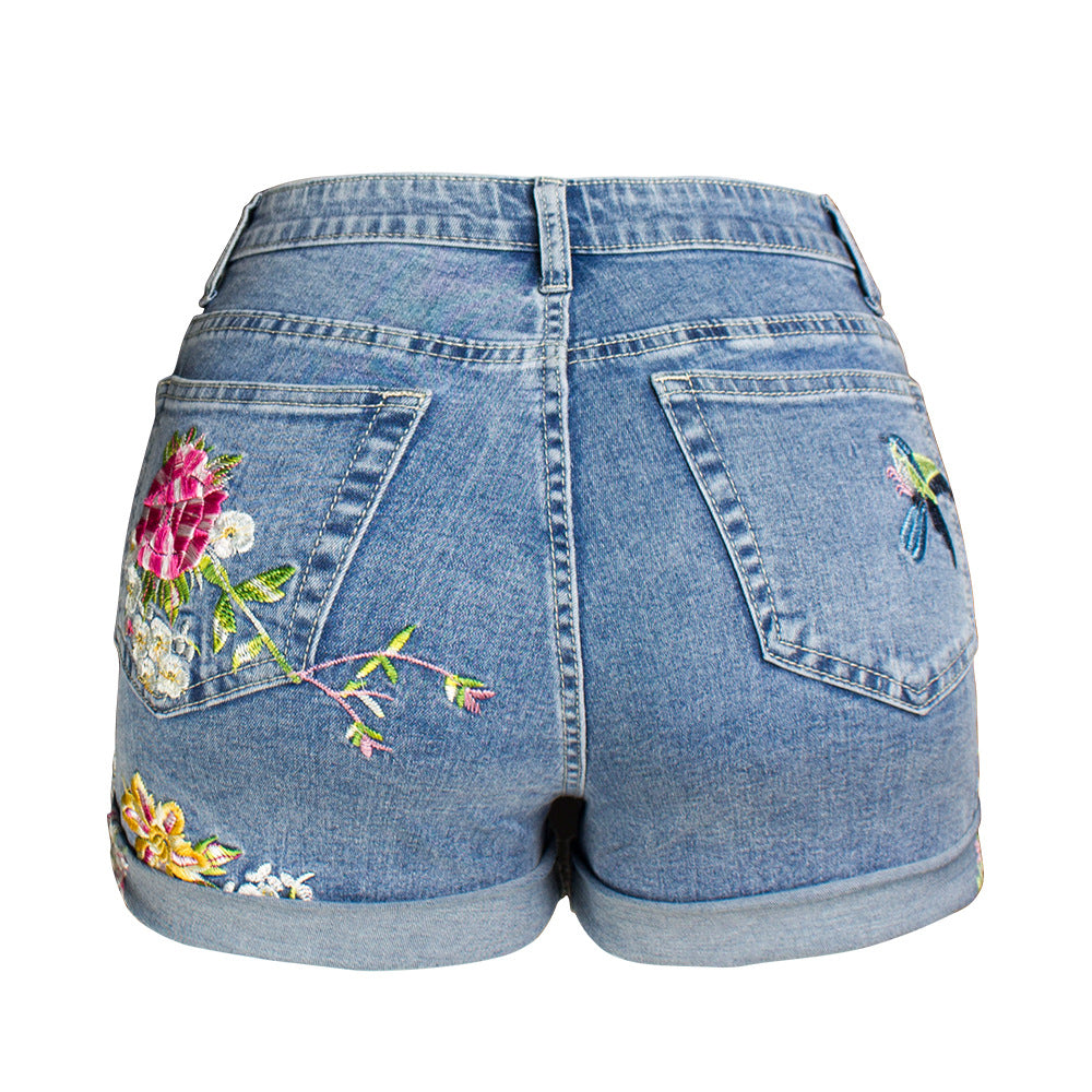 Women Clothing Wide Leg Stretch Shorts plus Size Women Clothing 3D Exquisite Embroidered Floral Denim Shorts Women