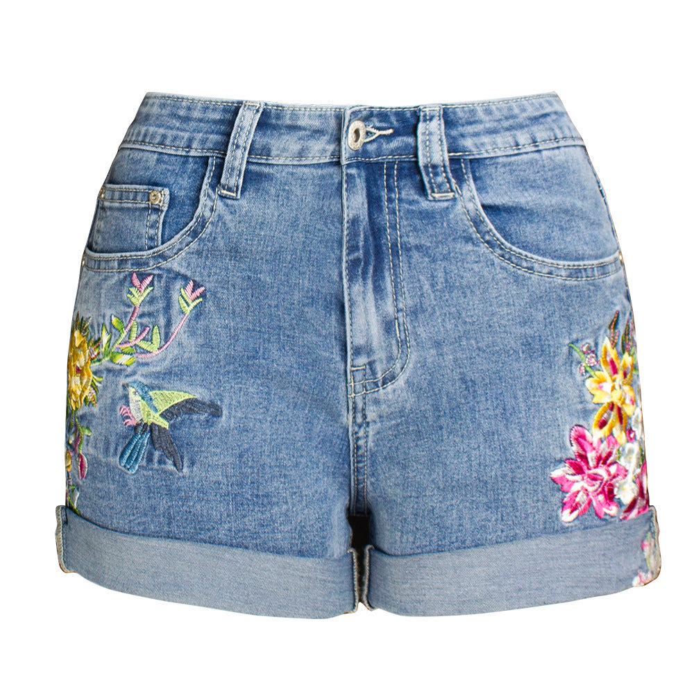 Women Clothing Wide Leg Stretch Shorts plus Size Women Clothing 3D Exquisite Embroidered Floral Denim Shorts Women