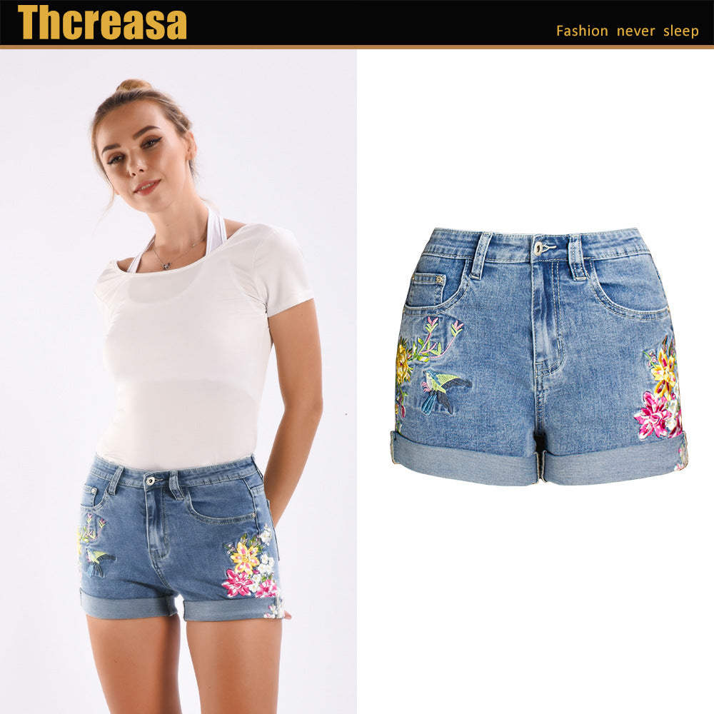 Women Clothing Wide Leg Stretch Shorts plus Size Women Clothing 3D Exquisite Embroidered Floral Denim Shorts Women
