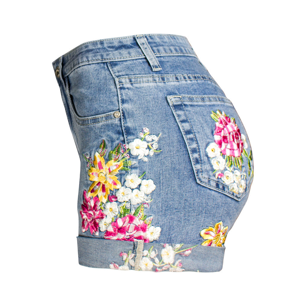 Women Clothing Wide Leg Stretch Shorts plus Size Women Clothing 3D Exquisite Embroidered Floral Denim Shorts Women