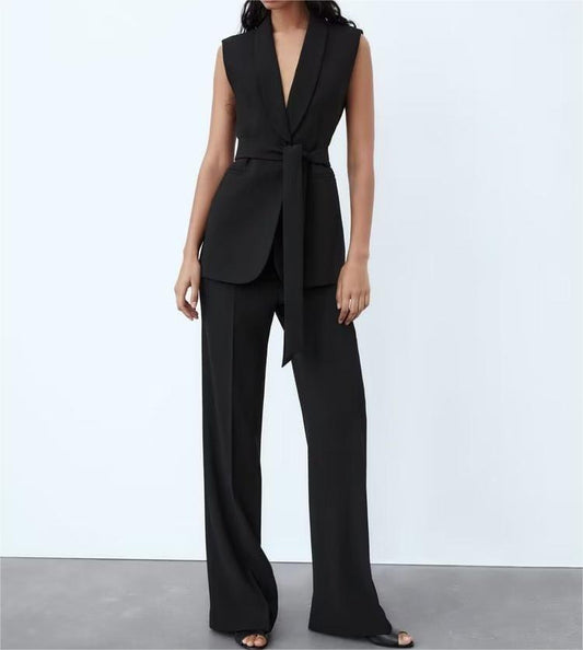 Spring Summer Women Clothing With Belt Dress Vest Vertical Casual Trousers Suit