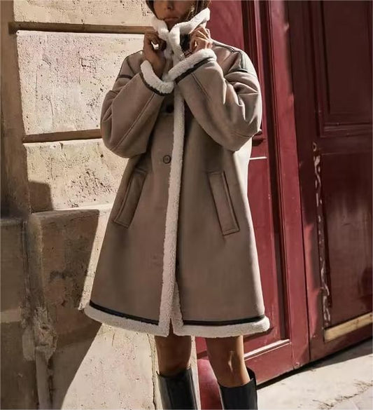 Women Clothing Winter Stand Collar Faux Shearling Jacket Fleece Warm Long Overcoat Outerwear