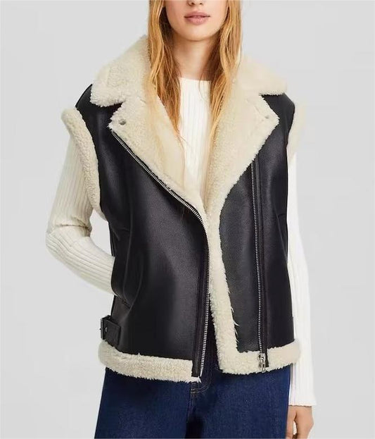 Korean Autumn Winter Loose Motorcycle Lamb Wool Vest Women Faux Shearling Jacket Thickening Vest All Match Waistcoat Outerwear