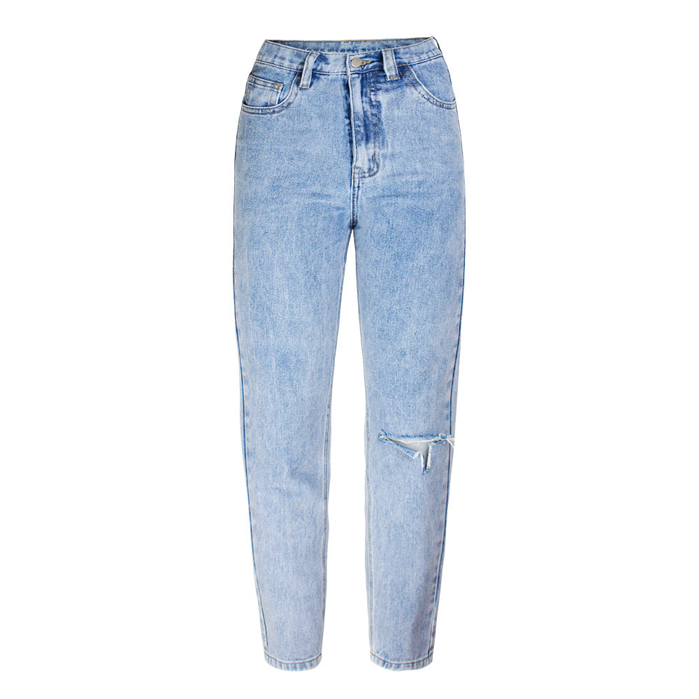 Autumn  Women Jeans High Waist Boyfriend Style  Loose Straight Wide-Leg Pants Ripped Women Jeans