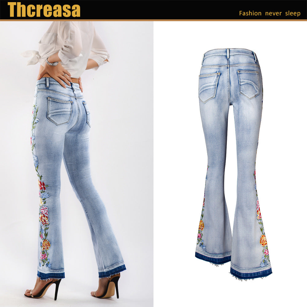Flared Jeans Women  Heavy Industry 3D Embroidery Women Jeans Trousers Bell-Bottom Pants plus Size Women Clothing