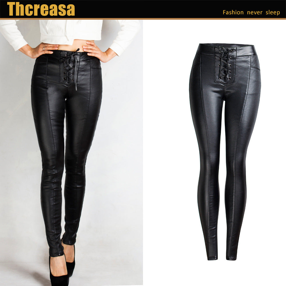 Lace-up Pu Pants Women Fleece-Lined Shiny Pants Women Autumn Winter  Pencil Pants Black Skinny Pants