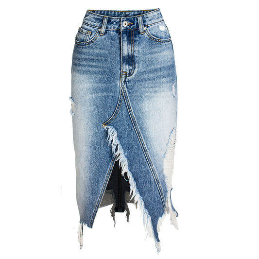 Women Skirt  Irregular Tassel Ripped Denim Skirt Hip Skirt Mid Skirt