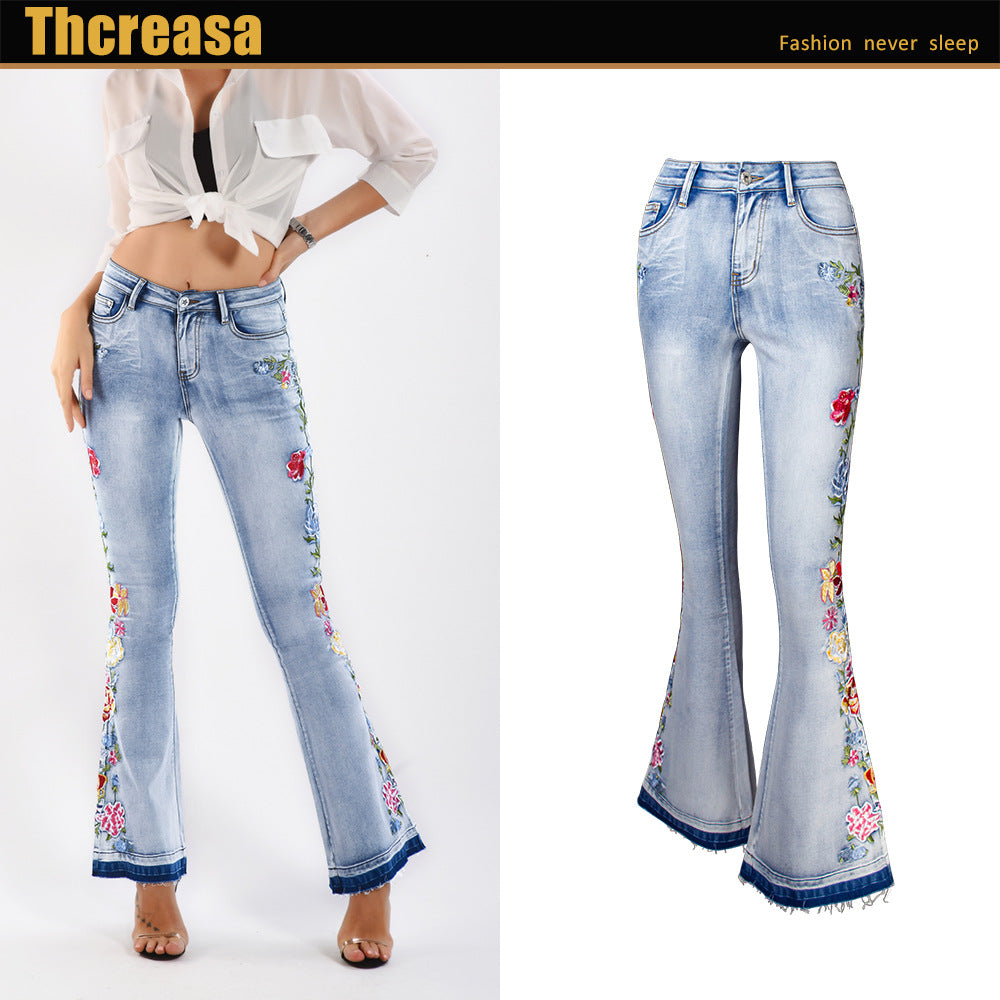 Flared Jeans Women  Heavy Industry 3D Embroidery Women Jeans Trousers Bell-Bottom Pants plus Size Women Clothing