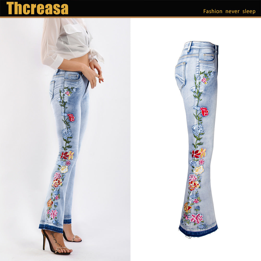 Flared Jeans Women  Heavy Industry 3D Embroidery Women Jeans Trousers Bell-Bottom Pants plus Size Women Clothing