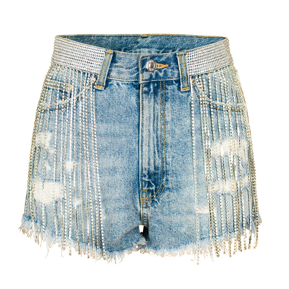 Summer Style Nightclub Tassel Wide Leg High Waist Heavy Industry Tide Drill Chain Denim Shorts for Women