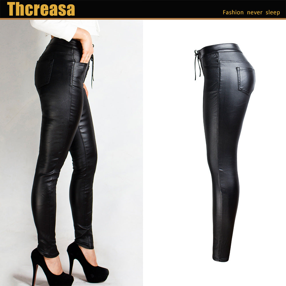 Lace-up Pu Pants Women Fleece-Lined Shiny Pants Women Autumn Winter  Pencil Pants Black Skinny Pants