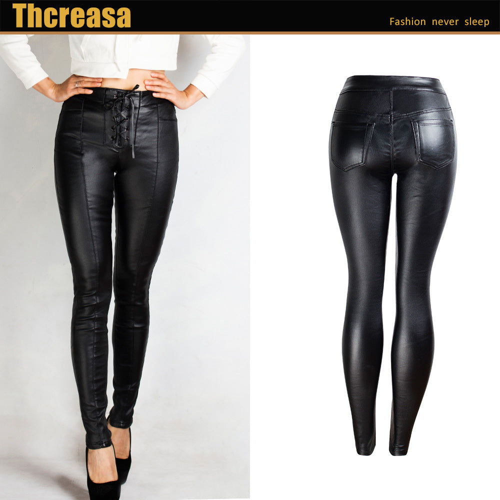 Lace-up Pu Pants Women Fleece-Lined Shiny Pants Women Autumn Winter  Pencil Pants Black Skinny Pants
