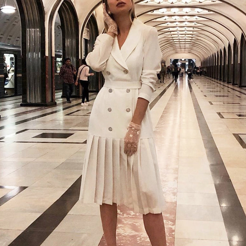 Vintage Pleated Belt Dress Women Notched A-line Long Sleeve Midi Office Dress Patchwork Bottom White Dress Autumn