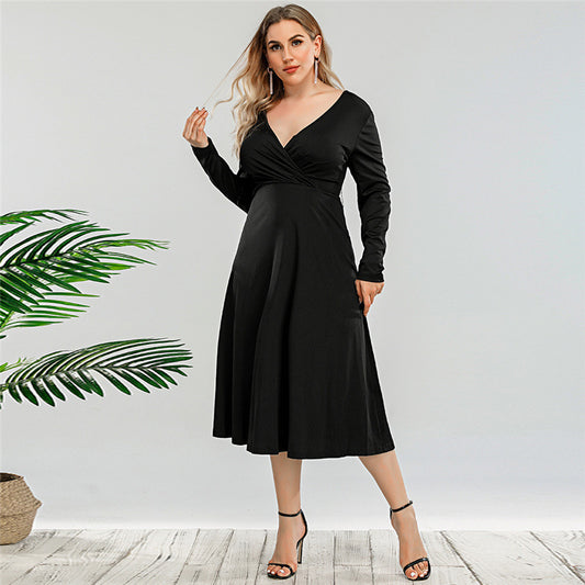Plus Size French Single Retro Spring Autumn Fitted Waist Backless V-neck Dress Midi  Dress
