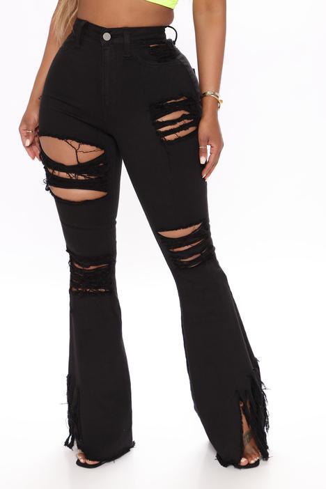 Popular High Waist Retro Ripped Cool Elastic Mopping Bell-Bottom Pants Flare Jeans