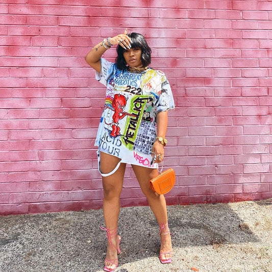 Plus Size Loose Positioning Printing Burnt round Neck  Dress