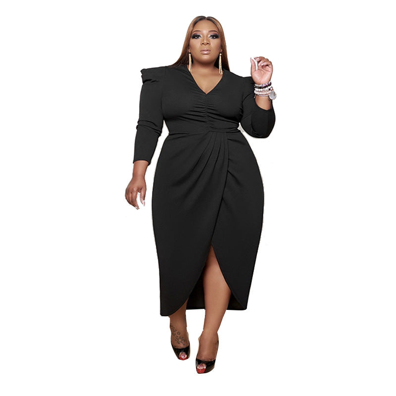 Plus Size Autumn Women Clothing Dress V-neck Asymmetric Skirt Long Sleeve Solid Color Split Dress