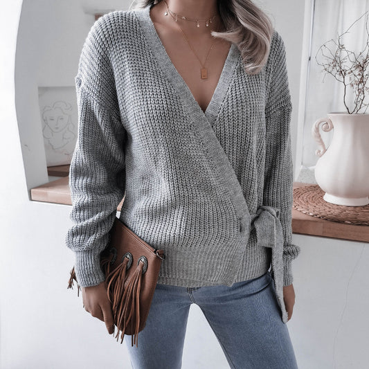 Real Shot Autumn Winter  Leisure V-neck Lace up Knotted Knitwear Sweater   Women Clothing