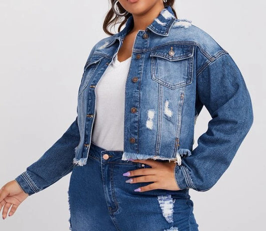 Plus Size Ripped Denim Jacket Coat